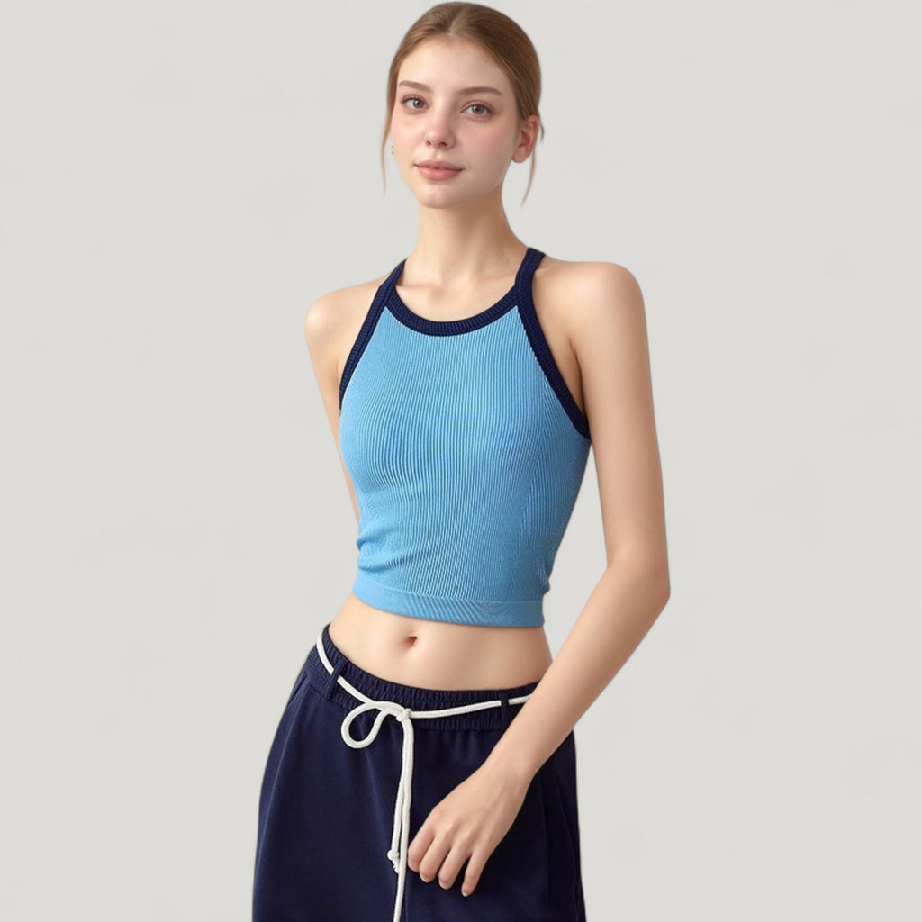 Anna-Kaci Active Women's Ribbed Racerback Cropped Tank Top with Contrast Trim and Fitted Stretch Fabric