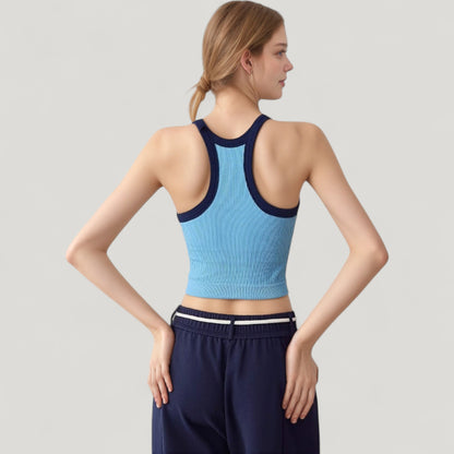 Anna-Kaci Active Women's Ribbed Racerback Cropped Tank Top with Contrast Trim and Fitted Stretch Fabric