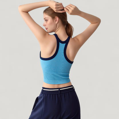 Anna-Kaci Active Women's Ribbed Racerback Cropped Tank Top with Contrast Trim and Fitted Stretch Fabric