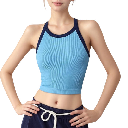 Anna-Kaci Active Women's Ribbed Racerback Cropped Tank Top with Contrast Trim and Fitted Stretch Fabric