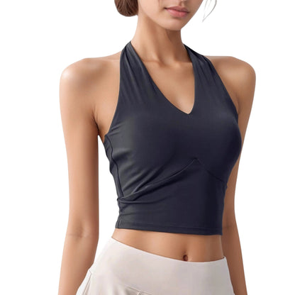 Anna-Kaci Active Women's Halter Neck Fitted Crop Top with Soft Stretch Fabric and Contoured Waist