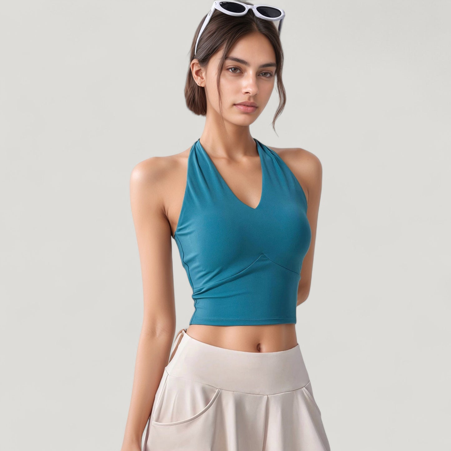 Anna-Kaci Active Women's Halter Neck Fitted Crop Top with Soft Stretch Fabric and Contoured Waist