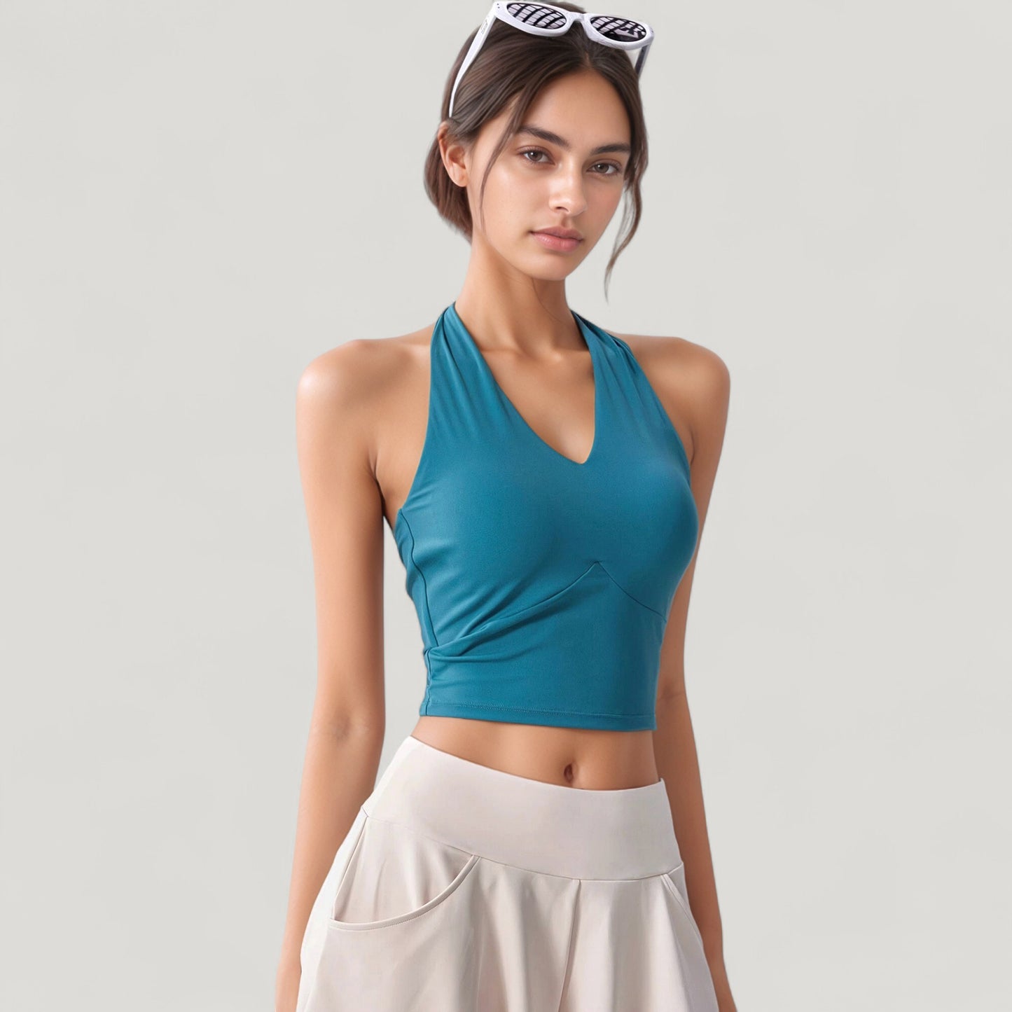 Anna-Kaci Active Women's Halter Neck Fitted Crop Top with Soft Stretch Fabric and Contoured Waist