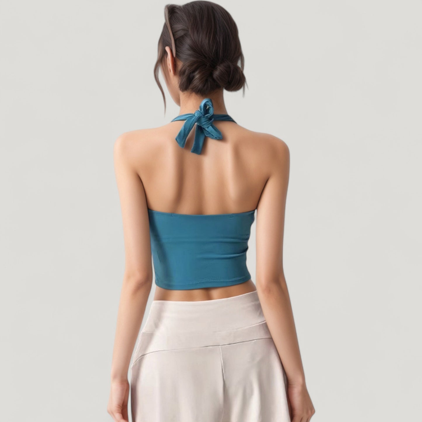 Anna-Kaci Active Women's Halter Neck Fitted Crop Top with Soft Stretch Fabric and Contoured Waist