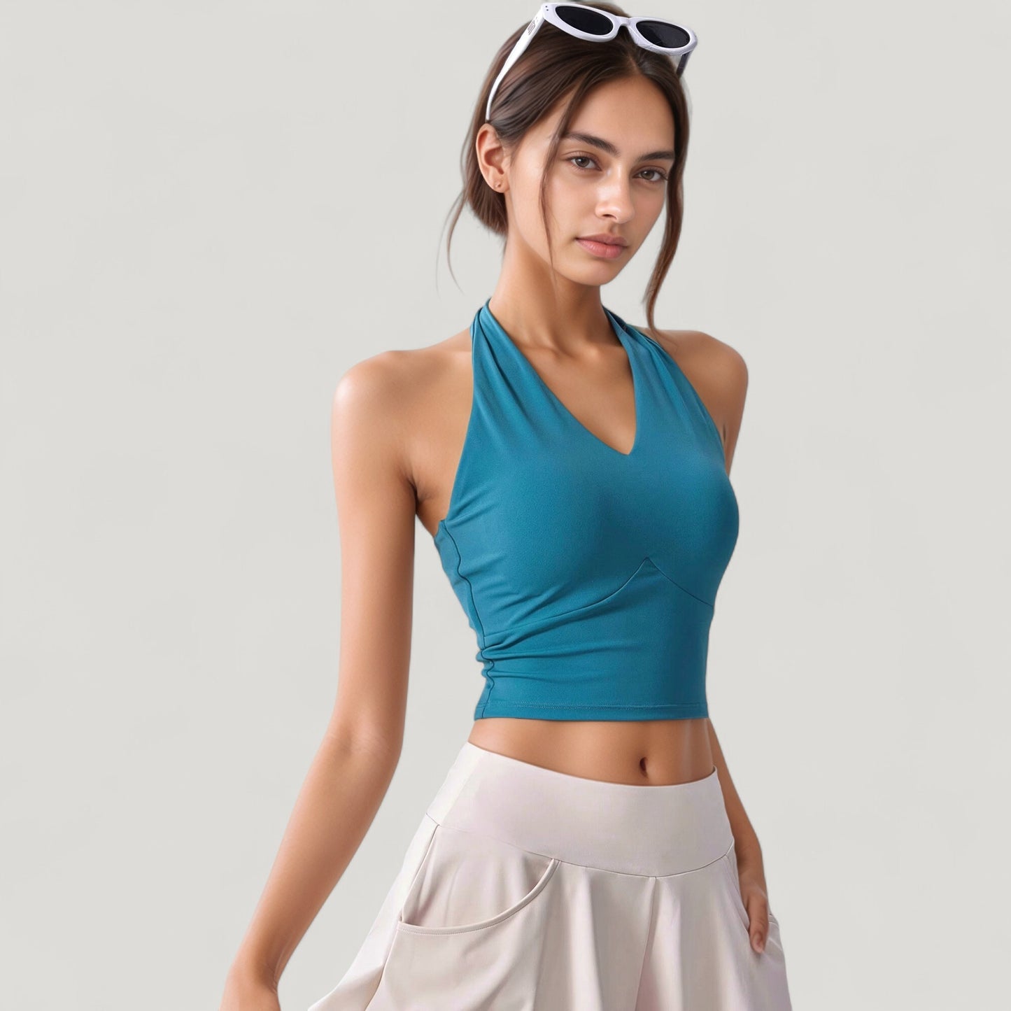 Anna-Kaci Active Women's Halter Neck Fitted Crop Top with Soft Stretch Fabric and Contoured Waist