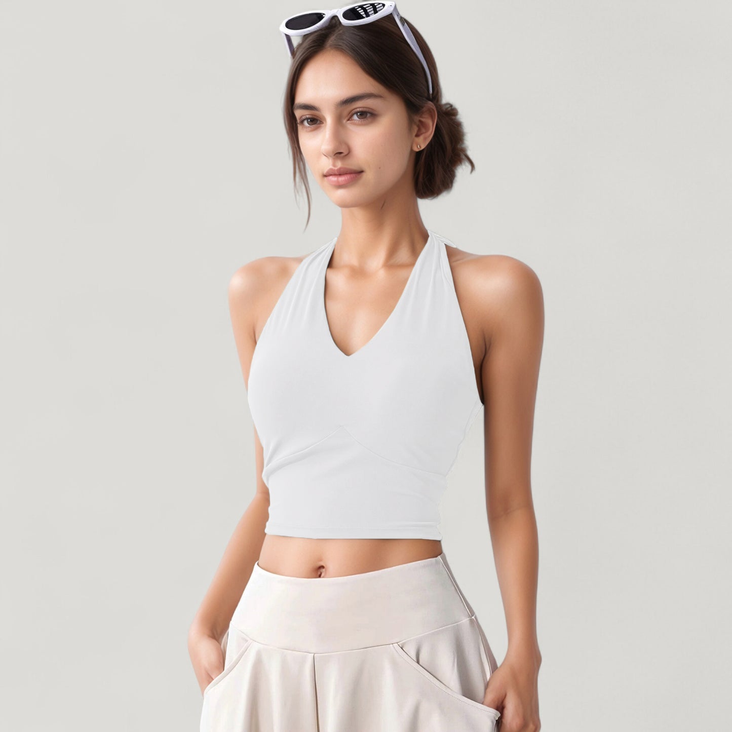 Anna-Kaci Active Women's Halter Neck Fitted Crop Top with Soft Stretch Fabric and Contoured Waist