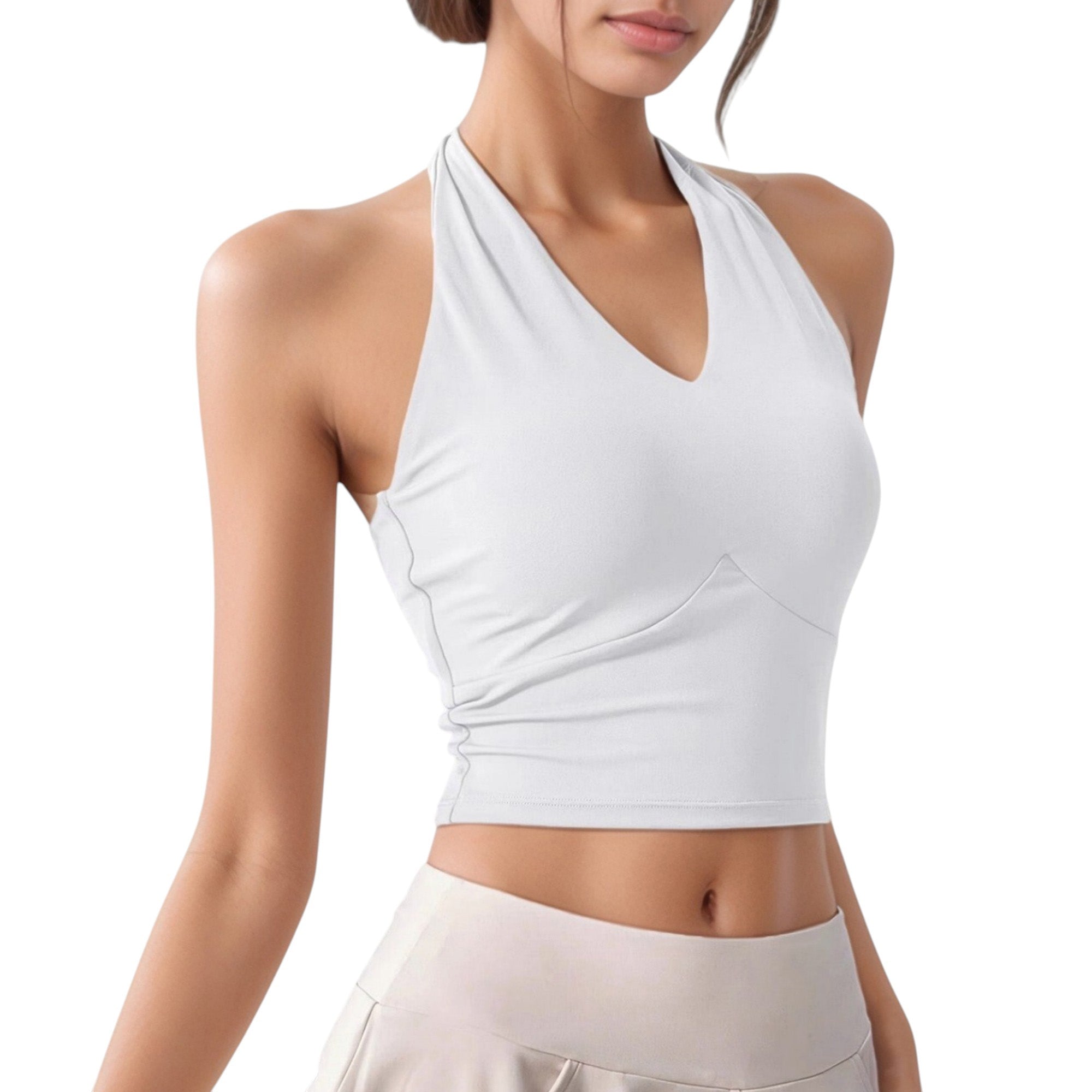 Anna-Kaci Active Women's Halter Neck Fitted Crop Top with Soft Stretch Fabric and Contoured Waist