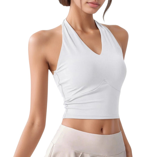 Anna-Kaci Active Women's Halter Neck Fitted Crop Top with Soft Stretch Fabric and Contoured Waist