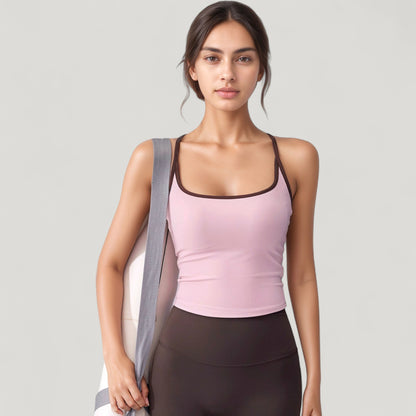 Anna-Kaci Active Women's Square Neck Fitted Crop Tank Top with Contrast Trim and Soft Stretch Fabric