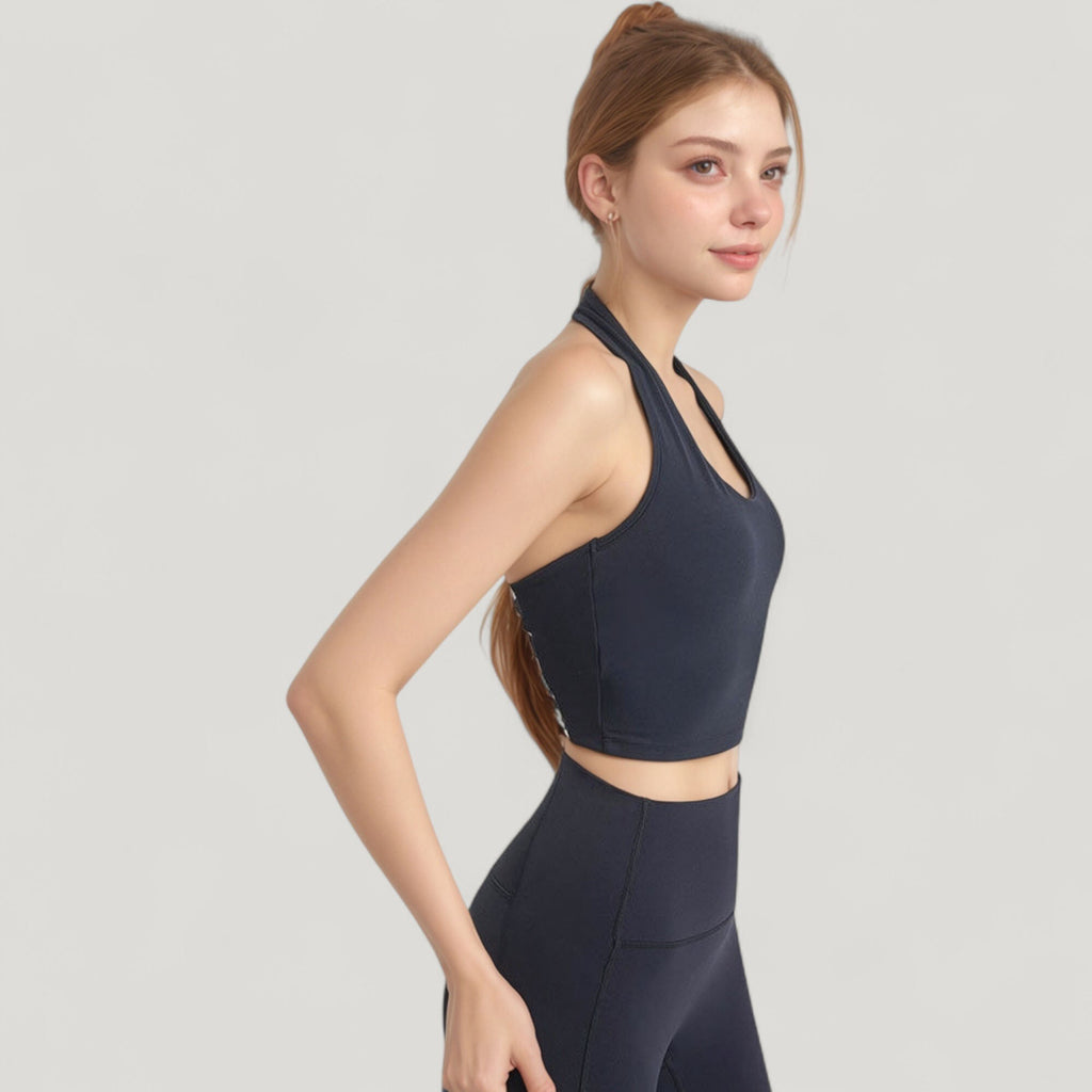 Anna-Kaci Active Women's Halter Neck Athletic Crop Top with Cross Back Detail and Stretch Fabric