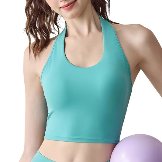 Anna-Kaci Active Women's Halter Neck Athletic Crop Top with Cross Back Detail and Stretch Fabric