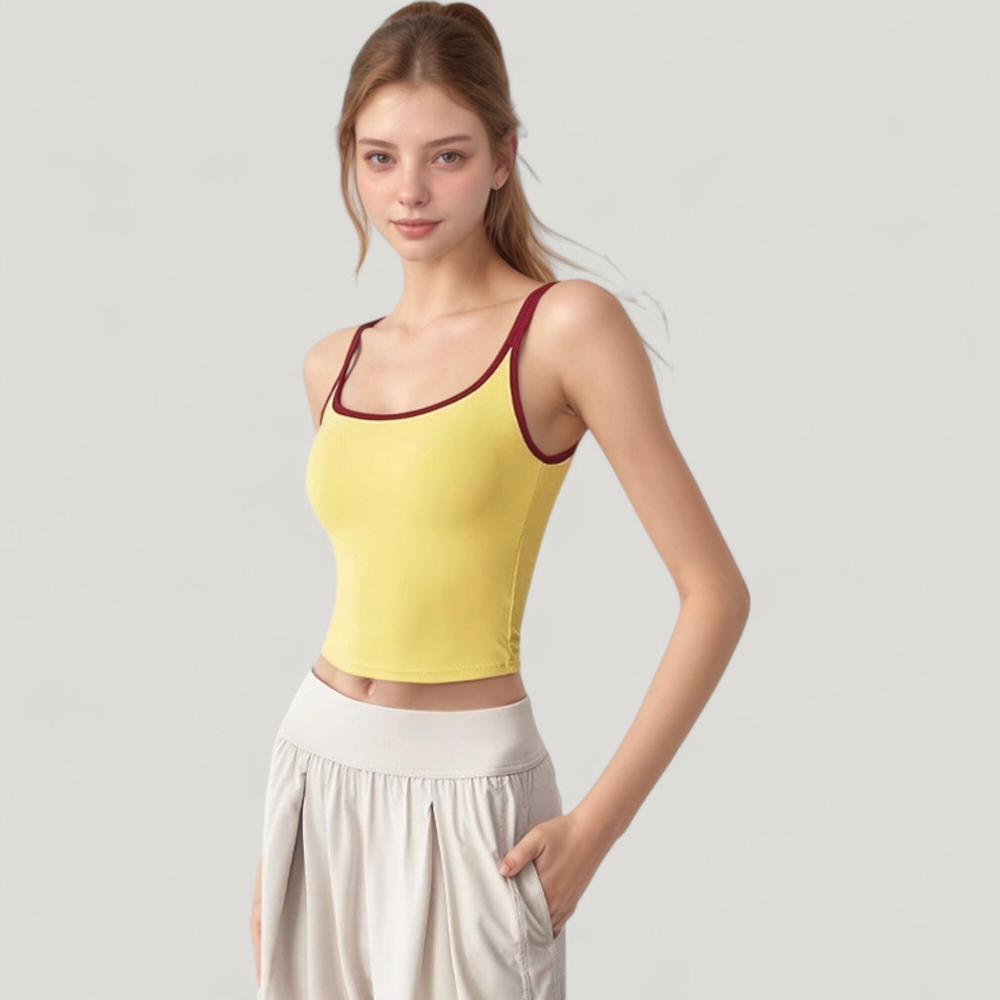 Anna-Kaci Active Women's Square Neck Contrast Trim Cropped Active Tank Top