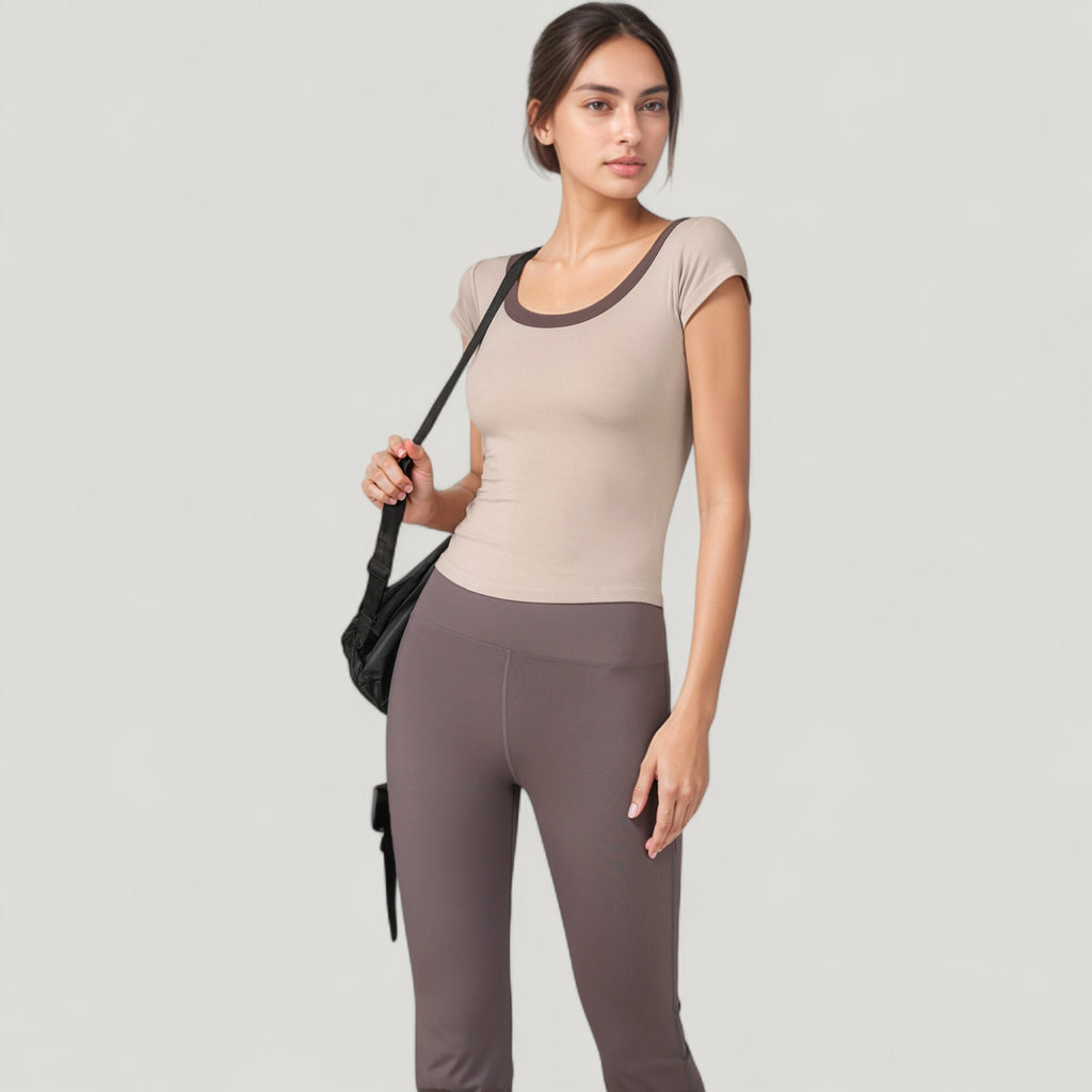 Anna-Kaci Active Women's Scoop Neck Contrast Trim Fitted Short Sleeve Active Top