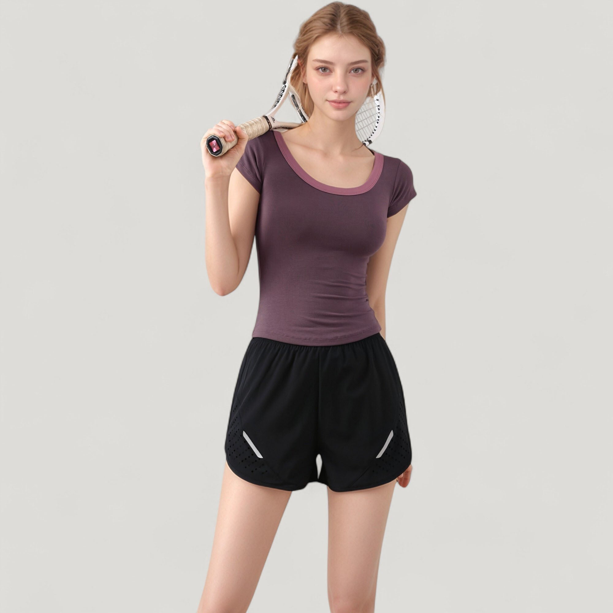 Anna-Kaci Active Women's Scoop Neck Contrast Trim Fitted Short Sleeve Active Top
