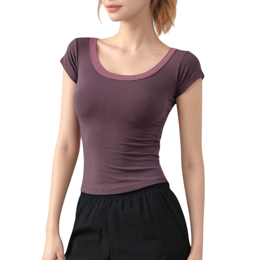 Anna-Kaci Active Women's Scoop Neck Contrast Trim Fitted Short Sleeve Active Top