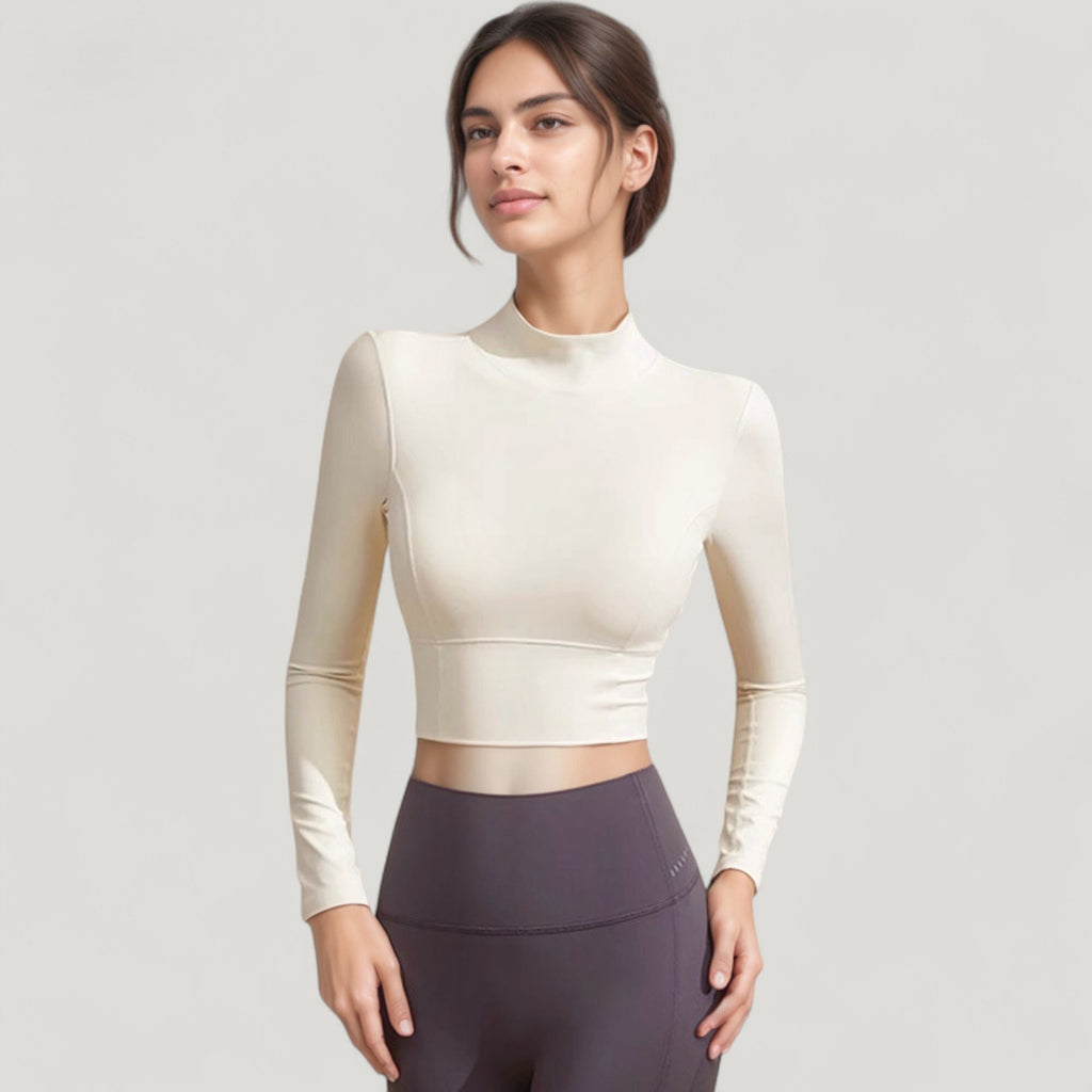 Anna-Kaci Active Women's Long Sleeve Crop Top with High Neck and Open Back Design