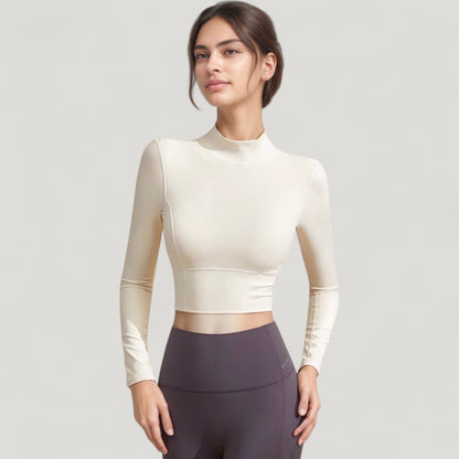 Anna-Kaci Active Women's Long Sleeve Crop Top with High Neck and Open Back Design