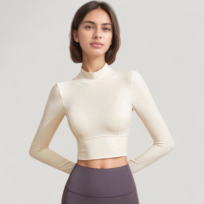 Anna-Kaci Active Women's Long Sleeve Crop Top with High Neck and Open Back Design