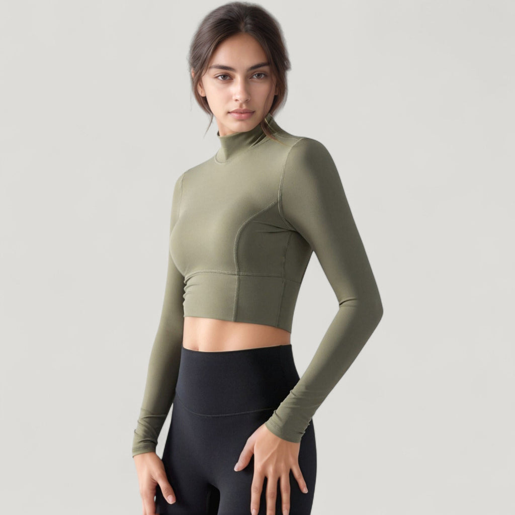 Anna-Kaci Active Women's Long Sleeve Crop Top with High Neck and Open Back Design