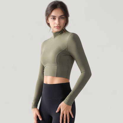 Anna-Kaci Active Women's Long Sleeve Crop Top with High Neck and Open Back Design