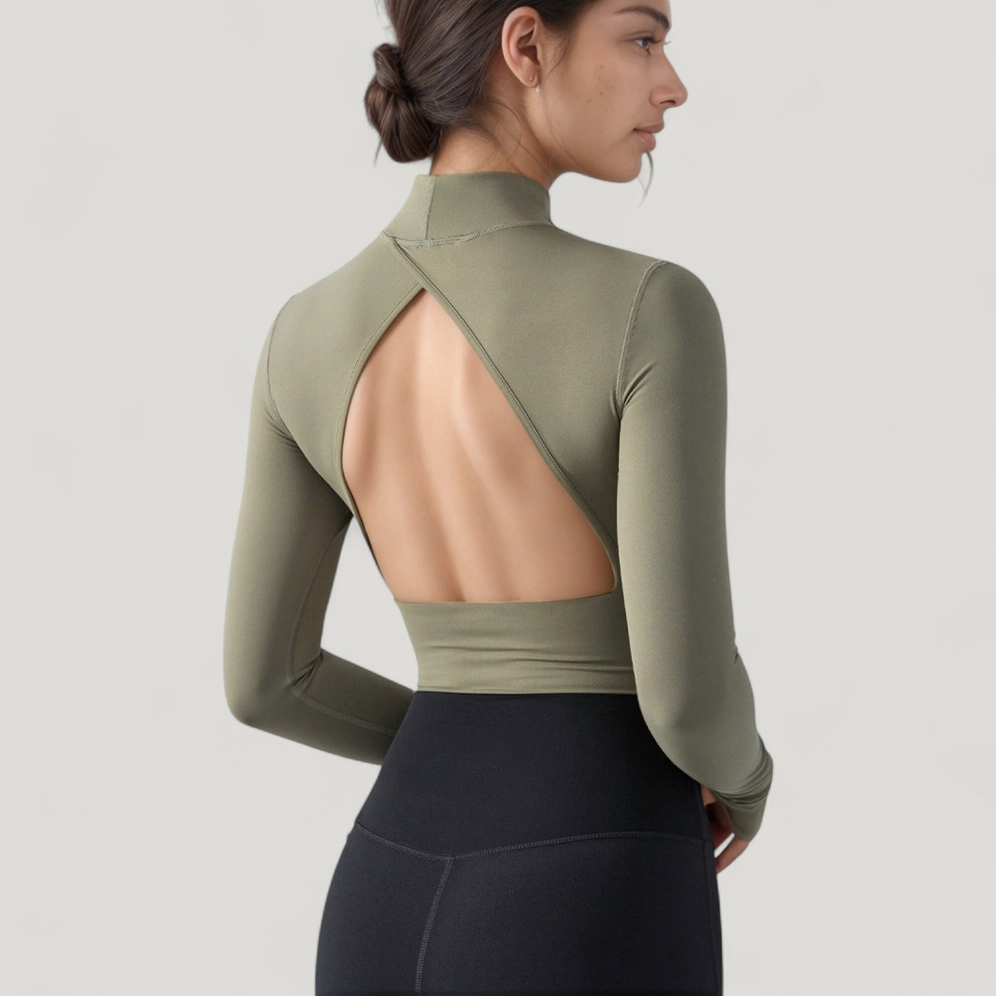 Anna-Kaci Active Women's Long Sleeve Crop Top with High Neck and Open Back Design