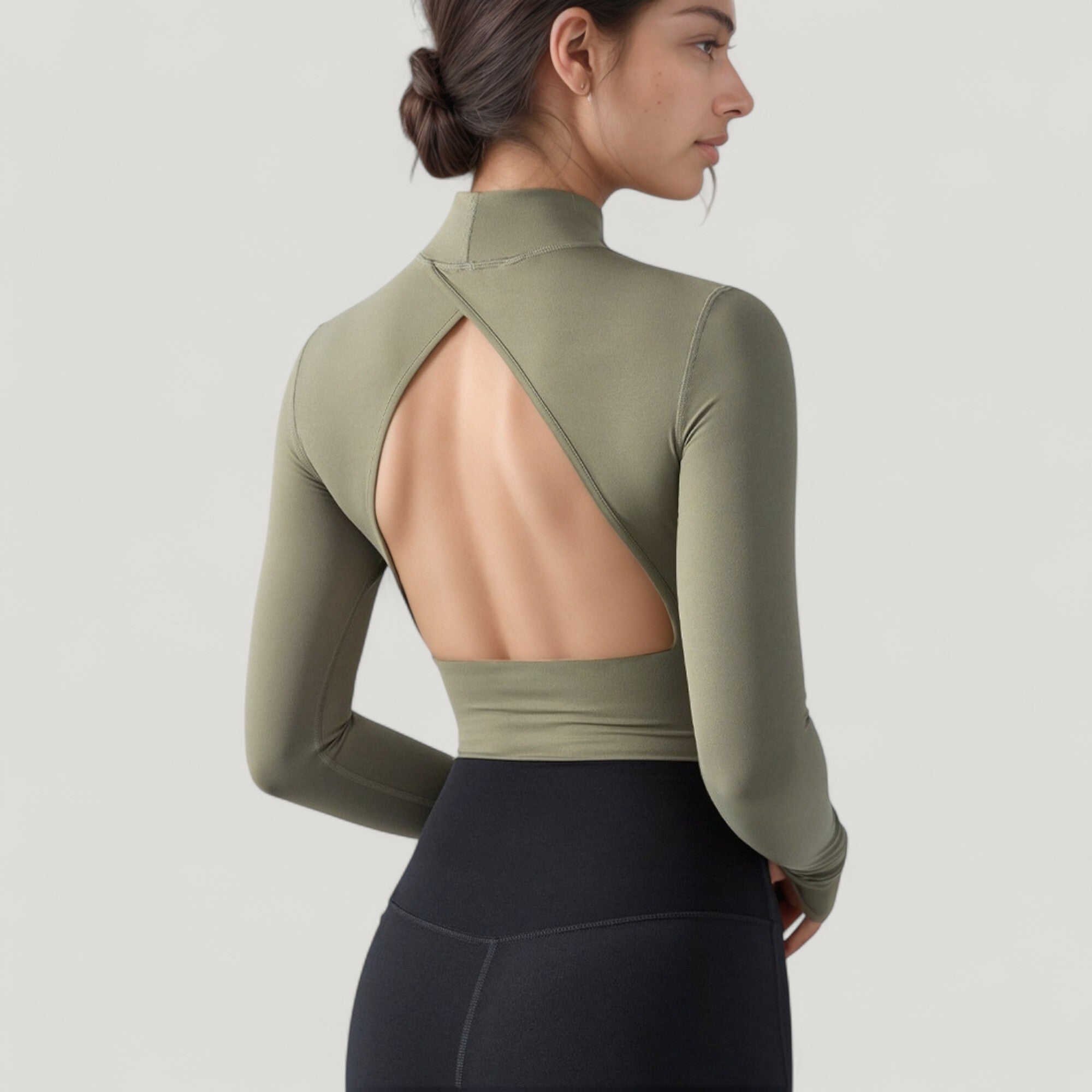 Anna-Kaci Active Women's Long Sleeve Crop Top with High Neck and Open Back Design
