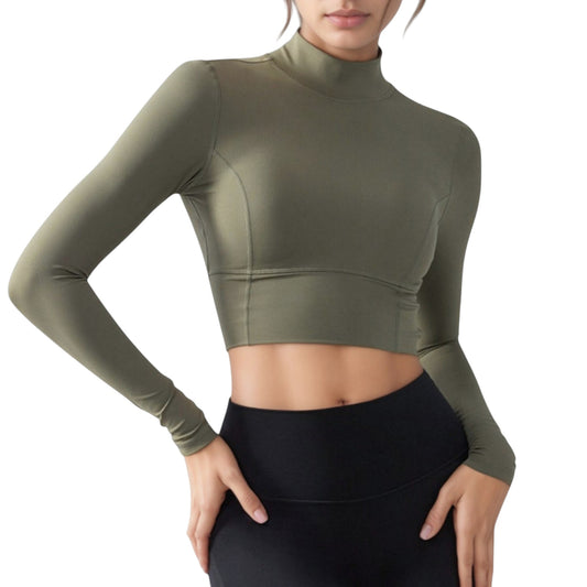 Anna-Kaci Active Women's Long Sleeve Crop Top with High Neck and Open Back Design