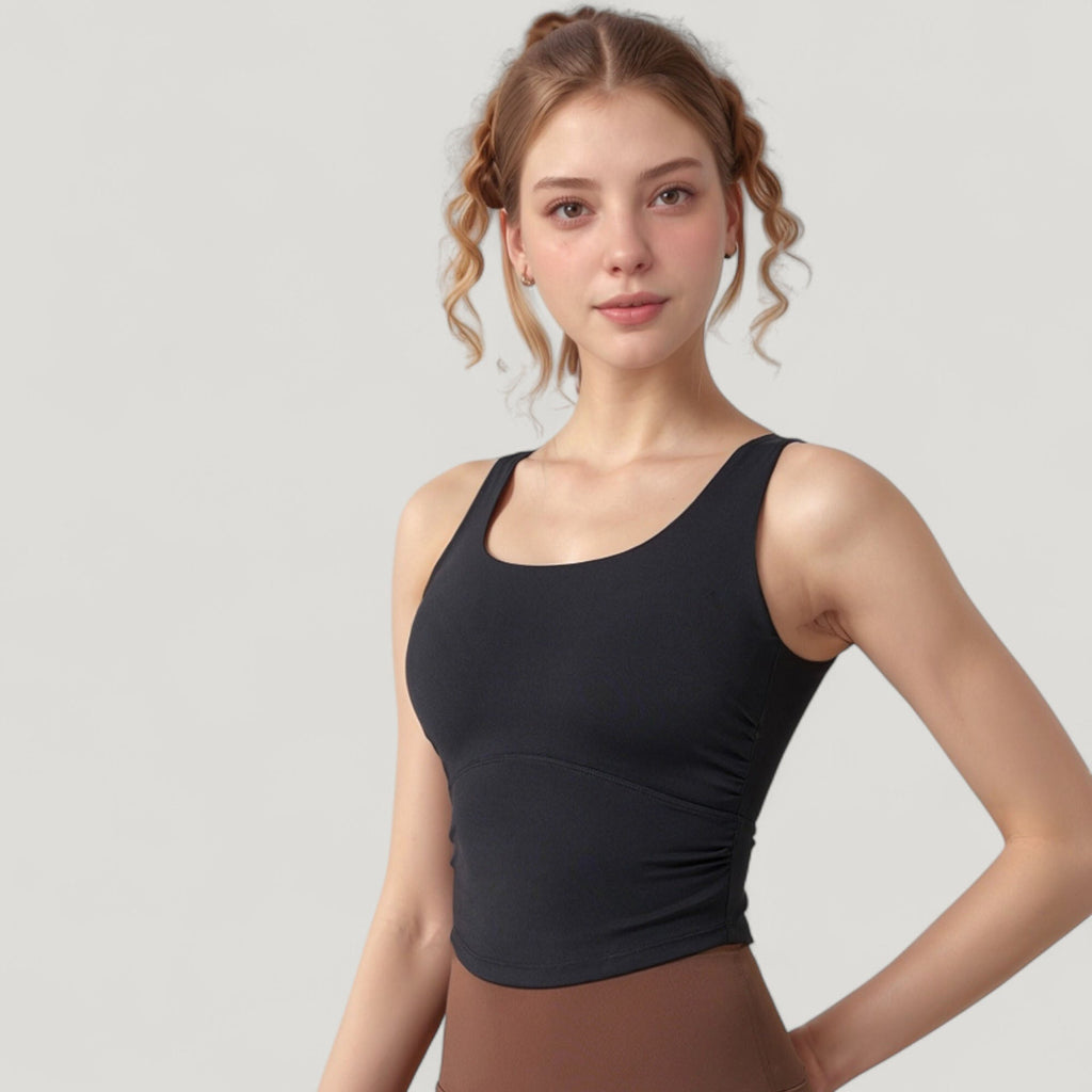 Anna-Kaci Active Women's Scoop Neck Cropped Tank Top with Strappy Cutout Back and Ruched Side Detailing