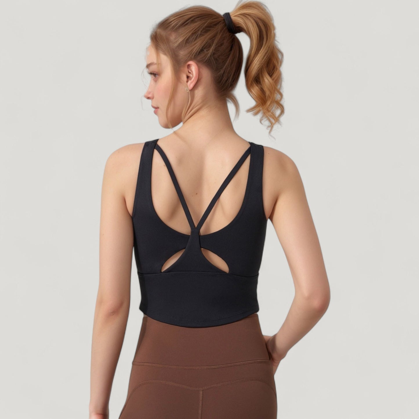 Anna-Kaci Active Women's Scoop Neck Cropped Tank Top with Strappy Cutout Back and Ruched Side Detailing