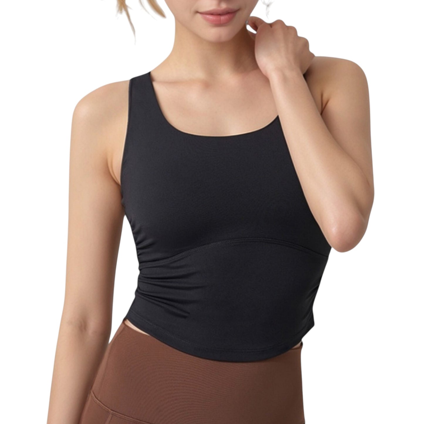 Anna-Kaci Active Women's Scoop Neck Cropped Tank Top with Strappy Cutout Back and Ruched Side Detailing