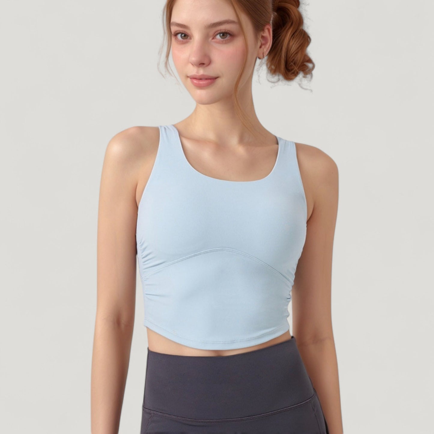 Anna-Kaci Active Women's Scoop Neck Cropped Tank Top with Strappy Cutout Back and Ruched Side Detailing