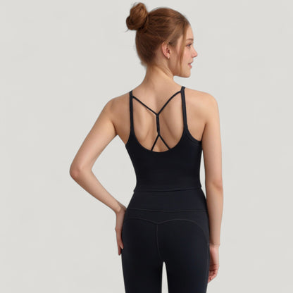 Anna-Kaci Active Women's Strappy Back Longline Activewear Tank Top with Scoop Neckline and Built-In Bra Support