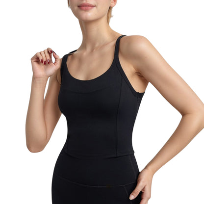 Anna-Kaci Active Women's Strappy Back Longline Activewear Tank Top with Scoop Neckline and Built-In Bra Support