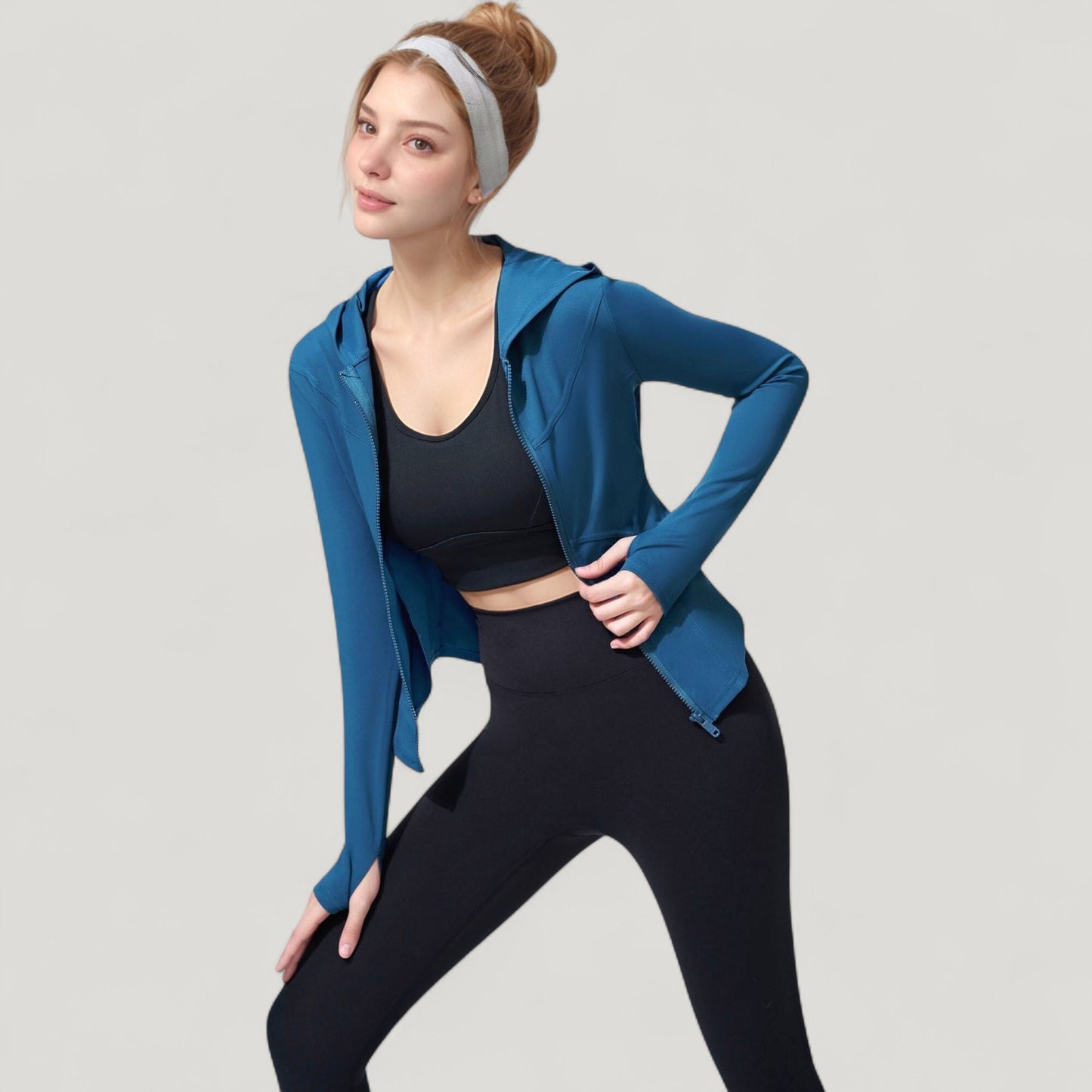 Anna-Kaci Active Women's Full Zip Long Sleeve Hooded Active Jacket with Slim Fit and Thumbhole Cuffs