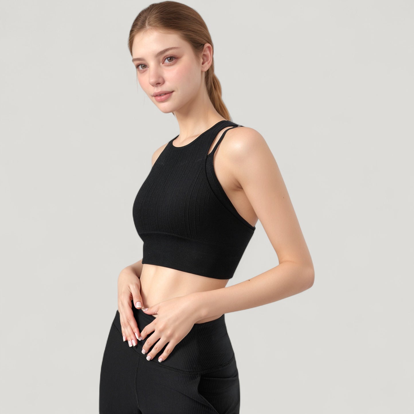 Anna-Kaci Active Women's Ribbed High Neck Crop Top with Double Strap Detail