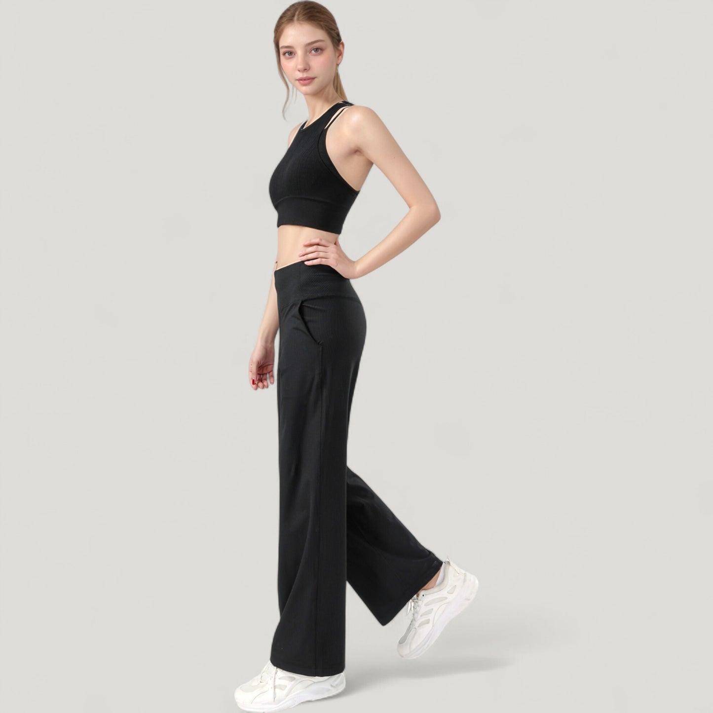 Anna-Kaci Active Women's Ribbed High Neck Crop Top with Double Strap Detail