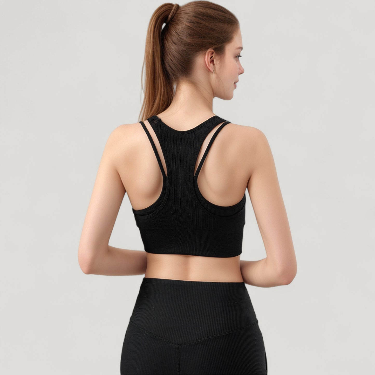 Anna-Kaci Active Women's Ribbed High Neck Crop Top with Double Strap Detail