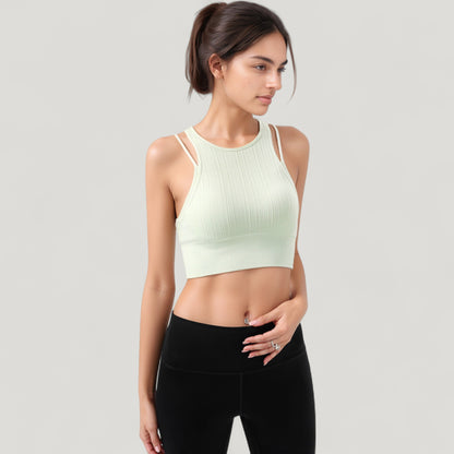 Anna-Kaci Active Women's Ribbed High Neck Crop Top with Double Strap Detail