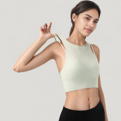 Anna-Kaci Active Women's Ribbed High Neck Crop Top with Double Strap Detail