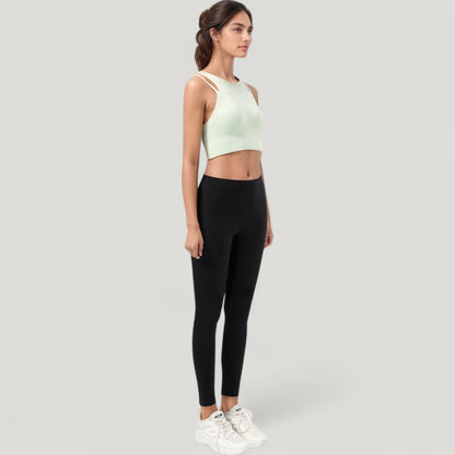 Anna-Kaci Active Women's Ribbed High Neck Crop Top with Double Strap Detail