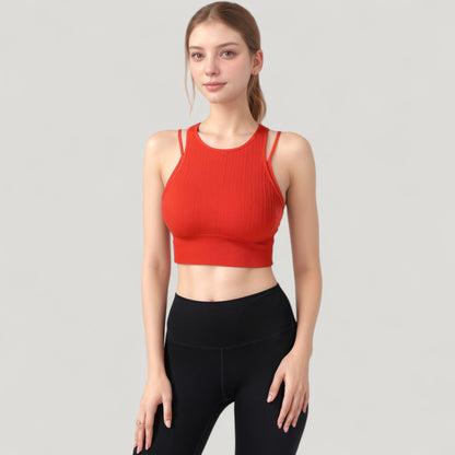 Anna-Kaci Active Women's Ribbed High Neck Crop Top with Double Strap Detail