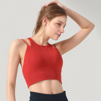 Anna-Kaci Active Women's Ribbed High Neck Crop Top with Double Strap Detail