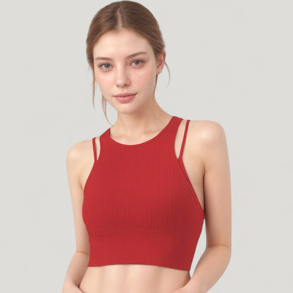Anna-Kaci Active Women's Ribbed High Neck Crop Top with Double Strap Detail
