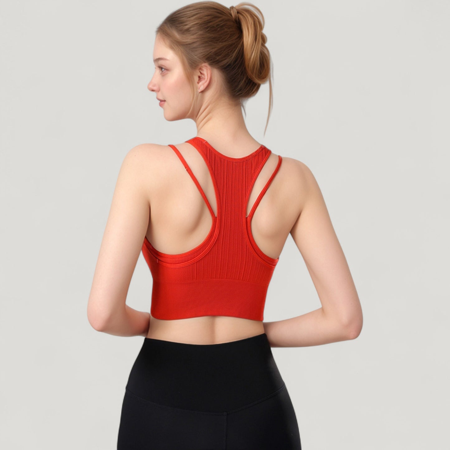 Anna-Kaci Active Women's Ribbed High Neck Crop Top with Double Strap Detail