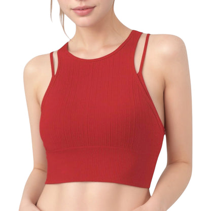 Anna-Kaci Active Women's Ribbed High Neck Crop Top with Double Strap Detail