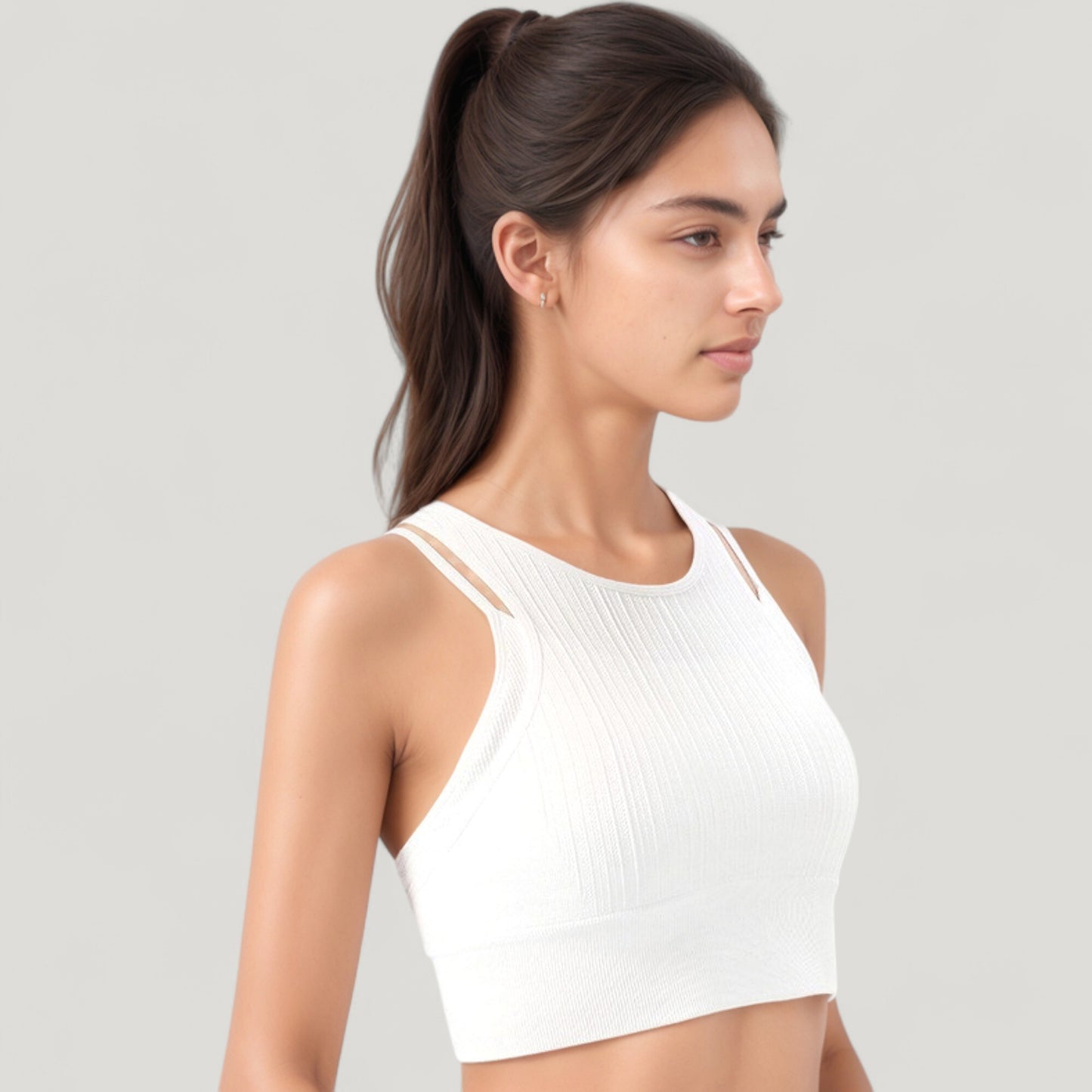 Anna-Kaci Active Women's Ribbed High Neck Crop Top with Double Strap Detail
