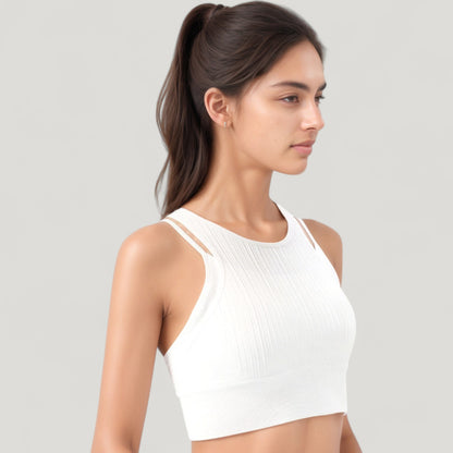 Anna-Kaci Active Women's Ribbed High Neck Crop Top with Double Strap Detail