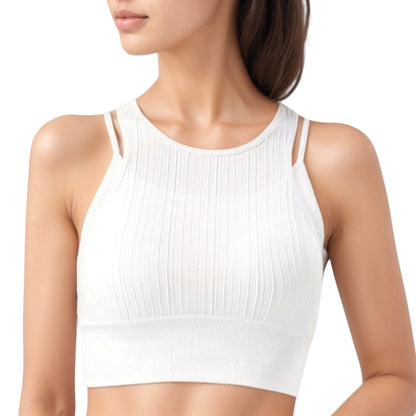 Anna-Kaci Active Women's Ribbed High Neck Crop Top with Double Strap Detail