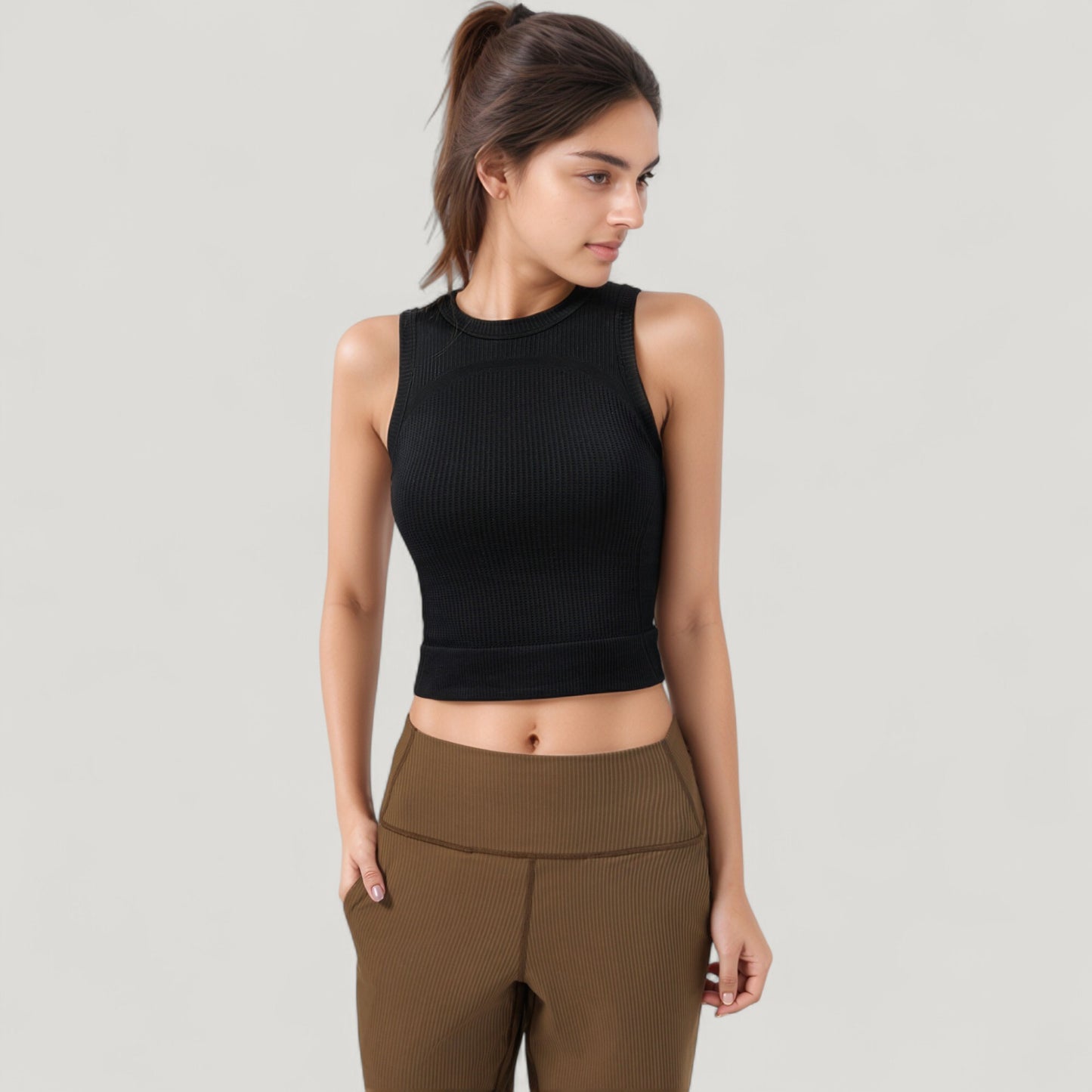 Anna-Kaci Active Women's Ribbed High Neck Sleeveless Crop Top with Seam Detail