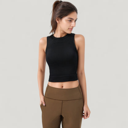 Anna-Kaci Active Women's Ribbed High Neck Sleeveless Crop Top with Seam Detail